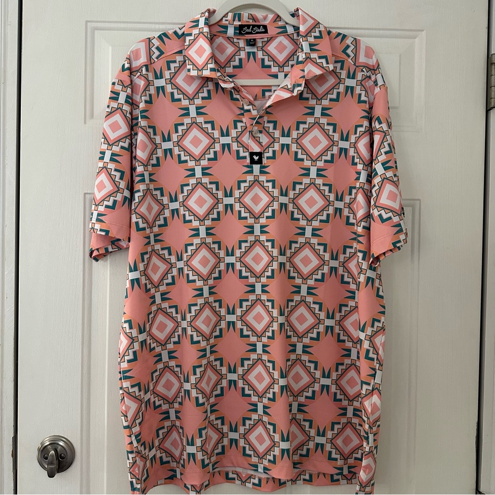 Bad Birdie Aztec Geo Print Short Sleeve Performance Golf Polo Shirt XL